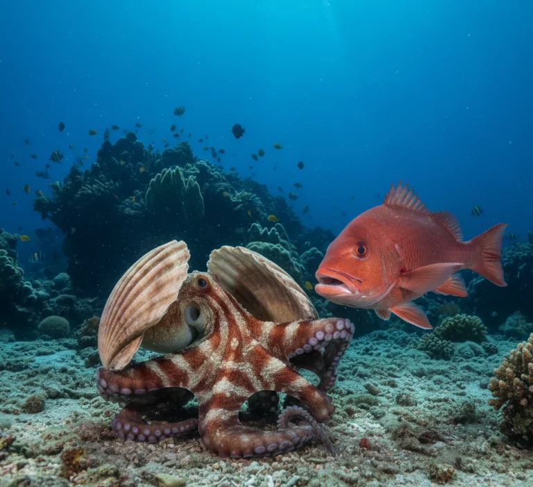 Ein kluger Oktopus benutzt Muscheln zur Verteidigung